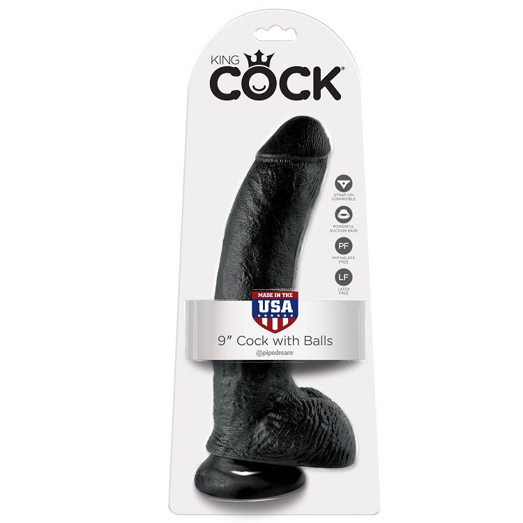 KING COCK - 9 DILDO PRETO COM BOLAS 22.9 CM