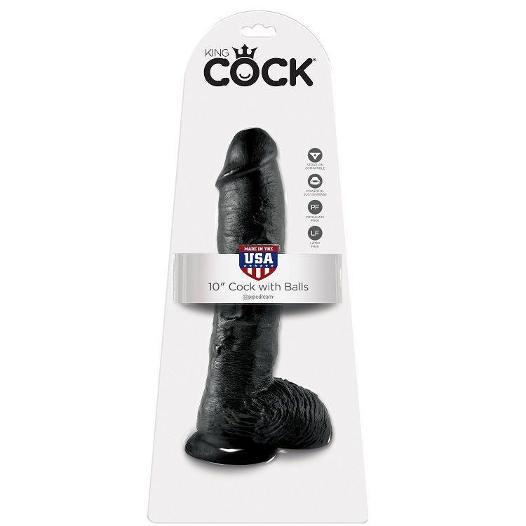 KING COCK - 10 DILDO PRETO COM BOLAS 25.4 CM